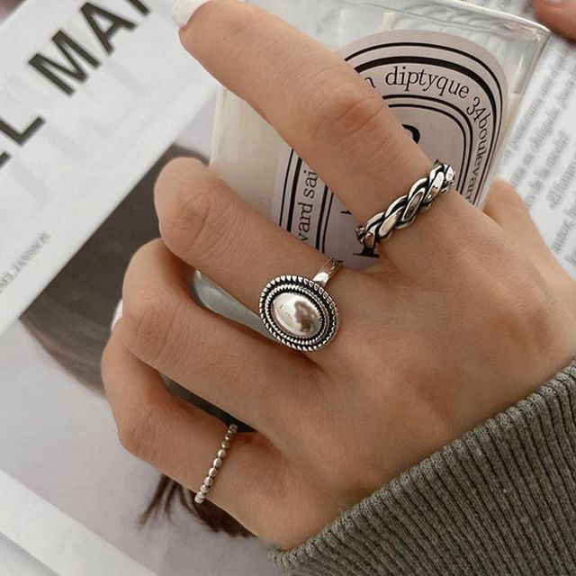 Hansha-Silver Tone Cabochon Braided Open Ring