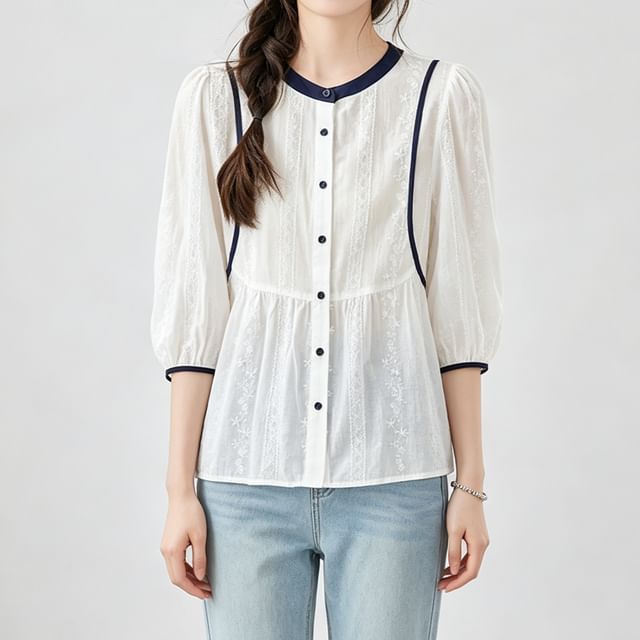 Happo-34-Sleeve Contrast Trim Button-Up Blouse