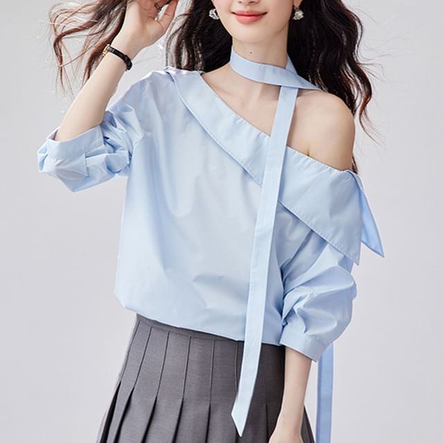 Happo-34-Sleeve Off Shoulder Ruffle Plain Blouse