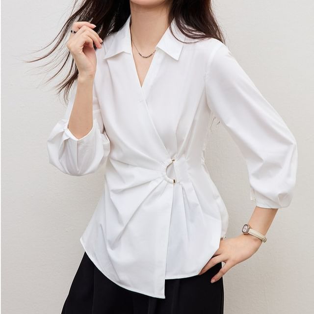 Happo-34-Sleeve V-Neck Collared Plain Asymmetrical Ruched Blouse