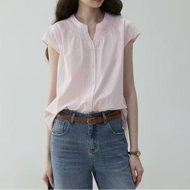 Happo-Cap-Sleeve Cinched Plain Shirt