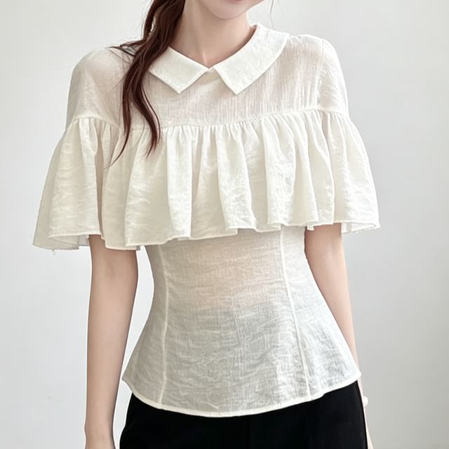 Happo-Cape Sleeve Collared Plain Blouse