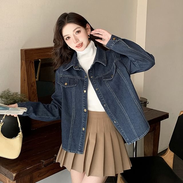 Happo-Collar Denim Button Jacket
