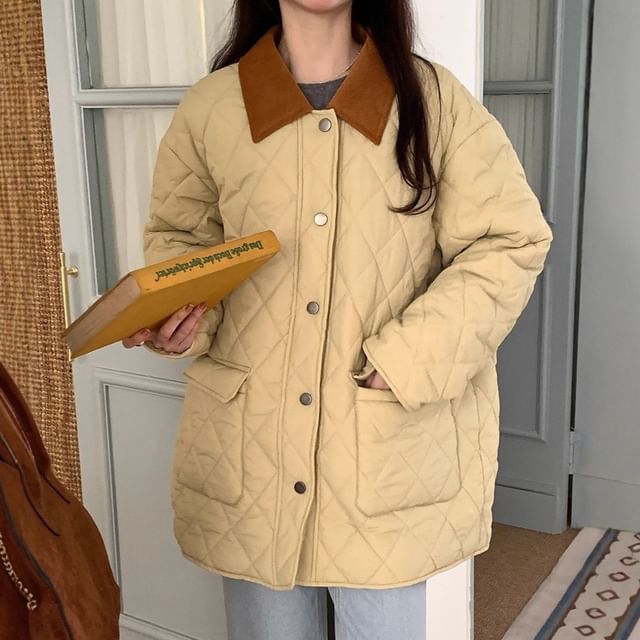 Happo-Collared Plain Quilted Button Up Jacket