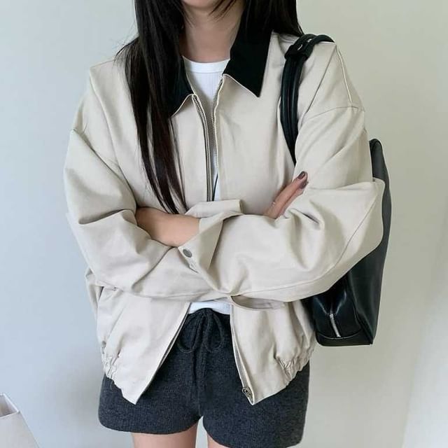 Happo-Collared Plain Zip Barn Jacket