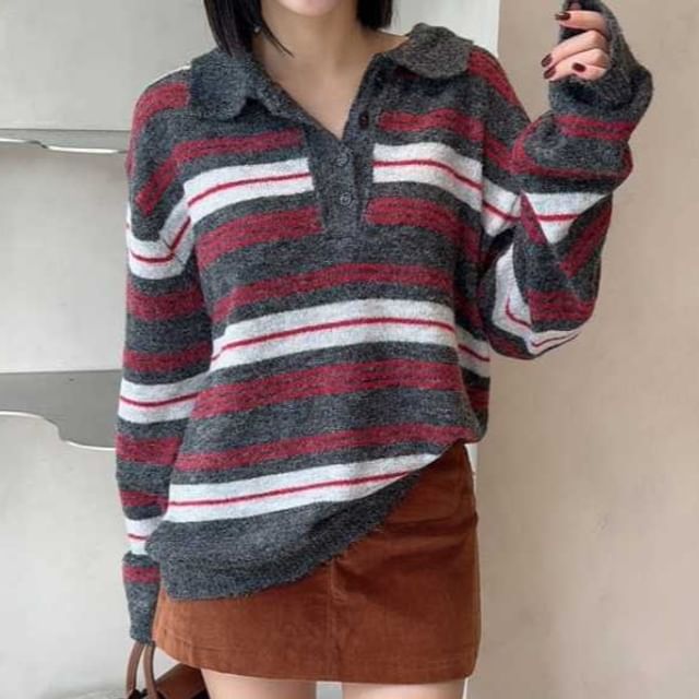 Happo-Collared Striped Button Up Cardigan