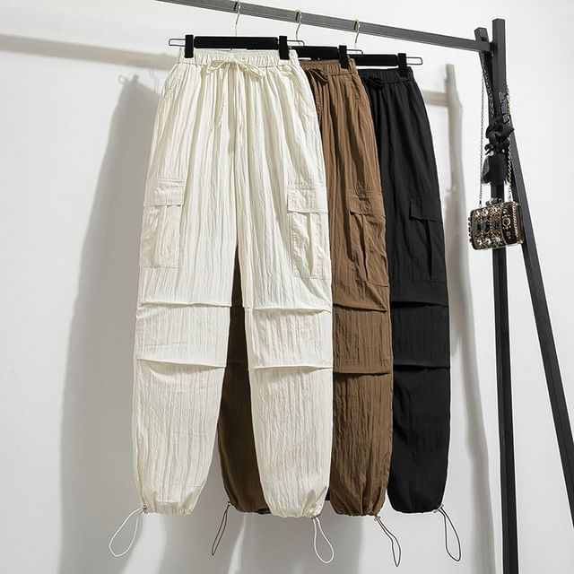 Happo-Drawstring Waist Plain Cropped Harem Cargo Pants