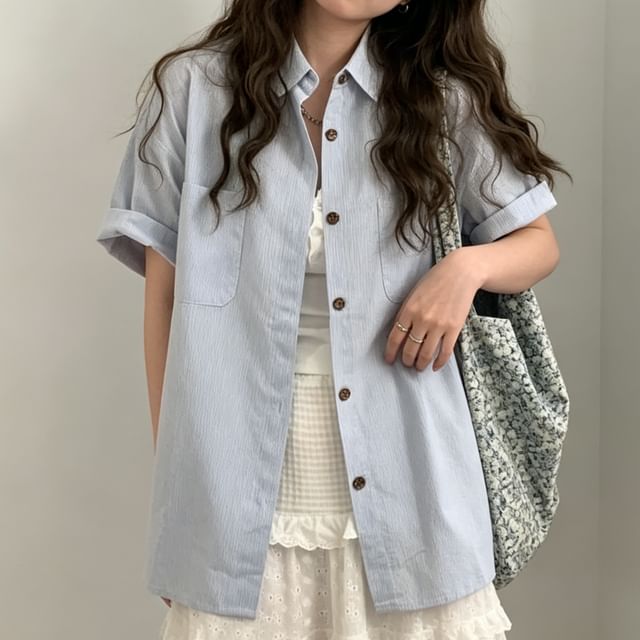 Happo-Elbow-Sleeve Striped Button-Up Shirt