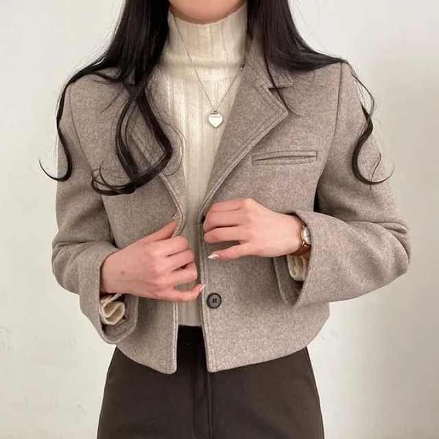 Happo-Lapel Collar Plain Single Breasted Crop Blazer
