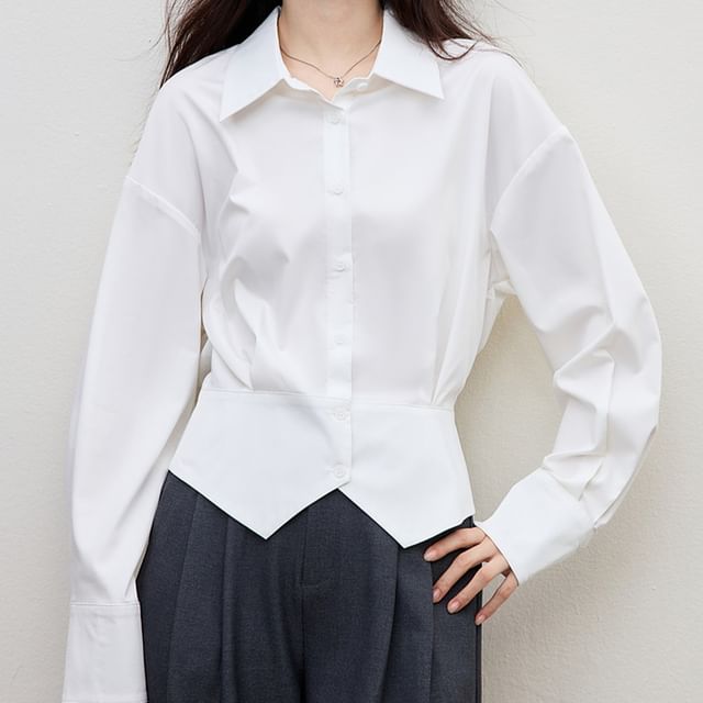 Happo-Long-Sleeve Collared Button-Up Plain Blouse