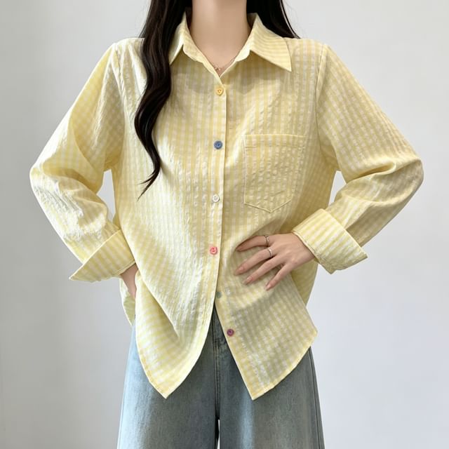 Happo-Long Sleeve Collared Plaid Shirt