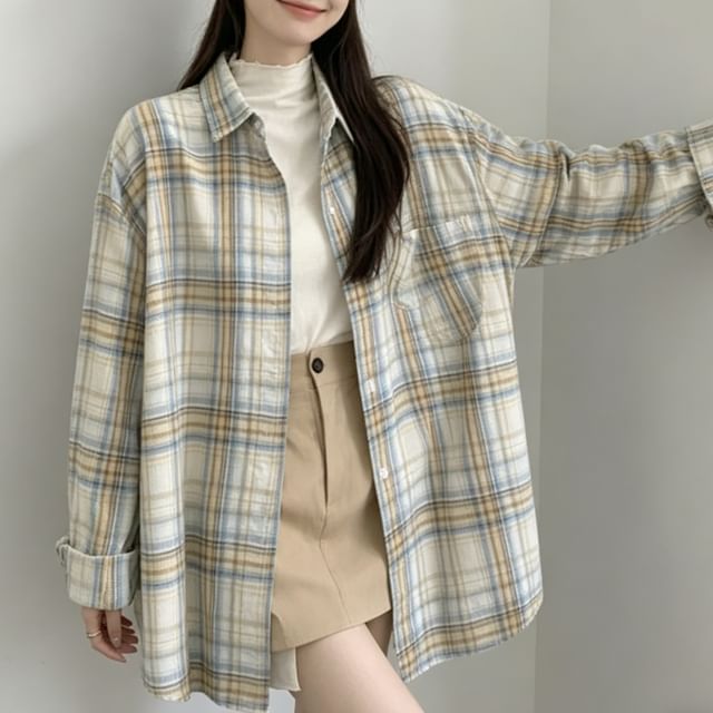 Happo-Long Sleeve Collared Plaid Shirt