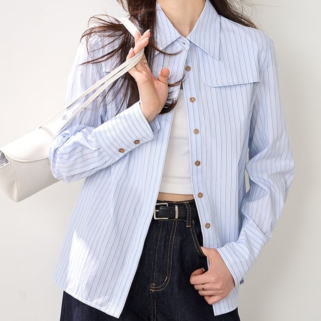 Happo-Long-Sleeve Collared Striped Button-Up Blouse