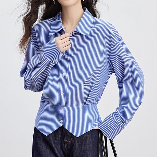 Happo-Long-Sleeve Collared Striped Button-Up Blouse
