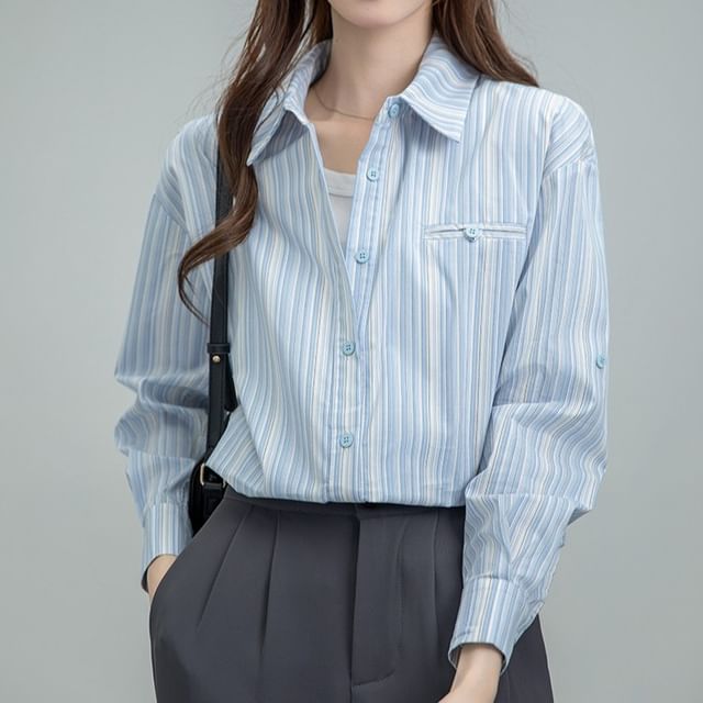 Happo-Long-Sleeve Collared Striped Button-Up Blouse