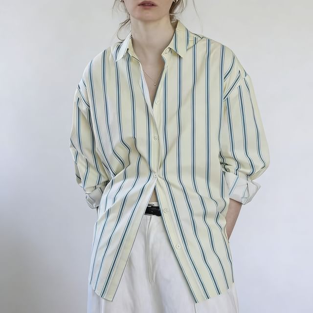 Happo-Long Sleeve Collared Striped Shirt