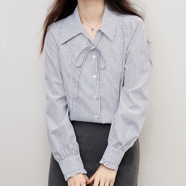 Happo-Long-Sleeve Collared Striped Tie Front Button-Up Blouse