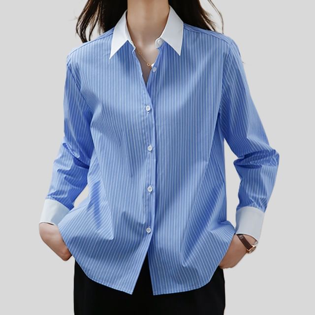 Happo-Long-Sleeve Contrast Collar Striped Button-Up Blouse