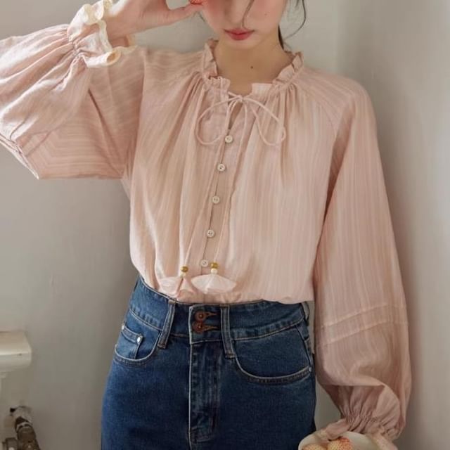 Happo-Long-Sleeve Frill Trim Striped Blouse