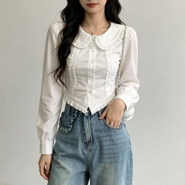 Happo-Long-Sleeve Plain Ruffle Trim Peter Pan Collar Button-Up Crop Blouse