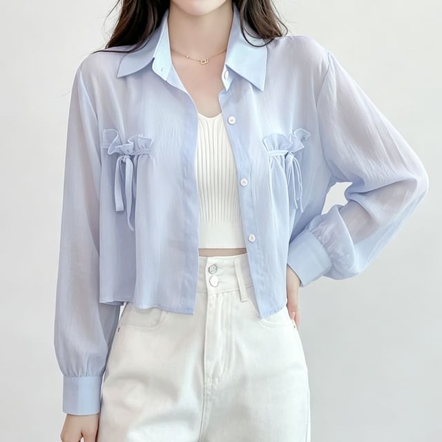 Happo-Long-Sleeve Plain Sheer Button-Up Crop Shirt