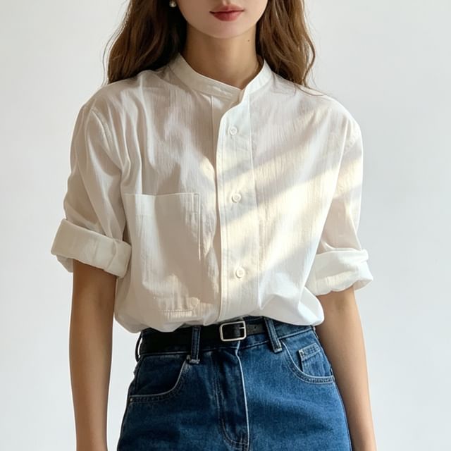 Happo-Long-Sleeve Stand Collar Pocketed Plain Shirt