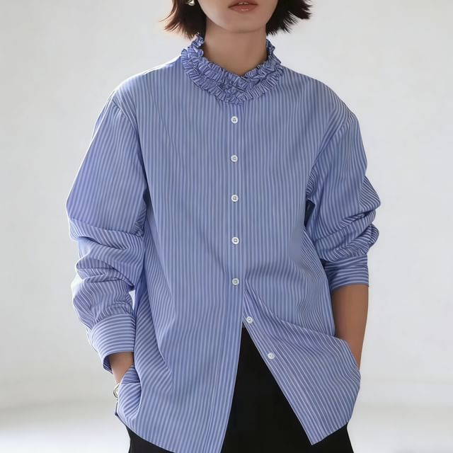 Happo-Long Sleeve Stand Collar Striped Frill Blouse