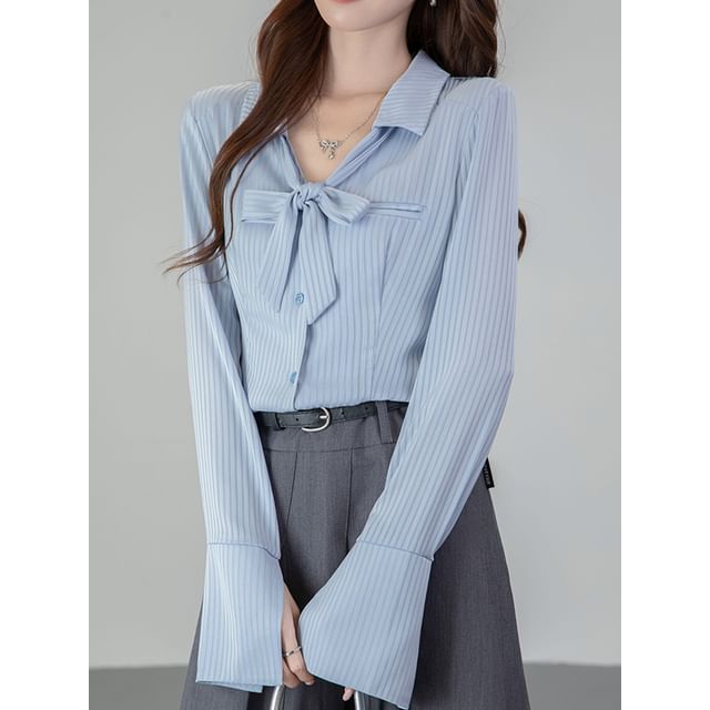 Happo-Long-Sleeve V-Neck Collared Striped Button-Up Blouse