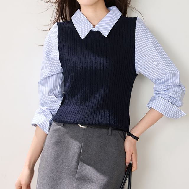 Happo-Mock Two-Piece Long-Sleeve Collared Striped Cable Knit Panel Blouse
