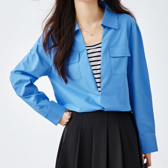 Happo-Mock Two-Piece Long-Sleeve Collared Striped Panel Blouse