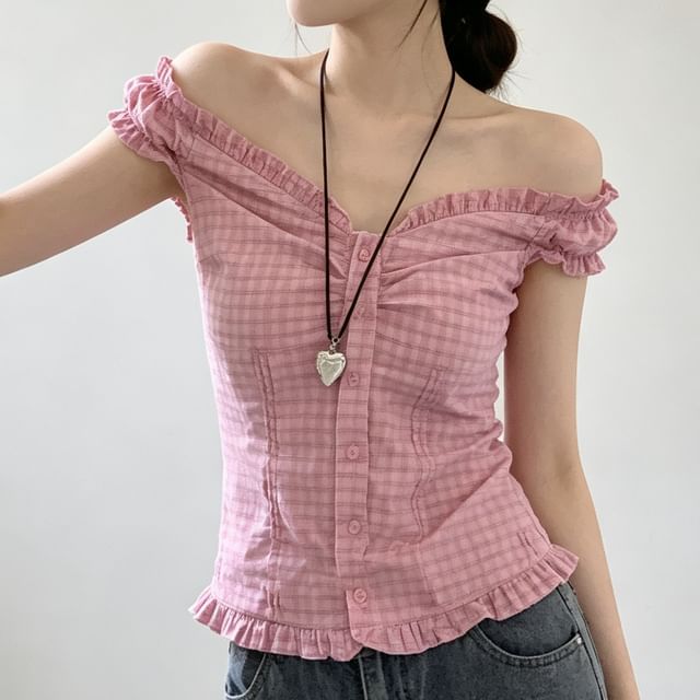Happo-Off-Shoulder Plaid Frill Trim Button-Up Crop Top