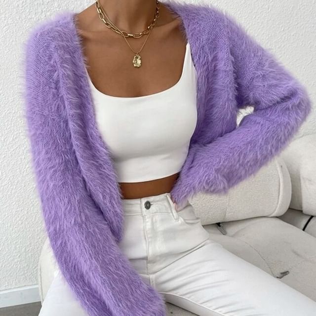 Happo-Plain Fluffy Open Front Crop Cardigan