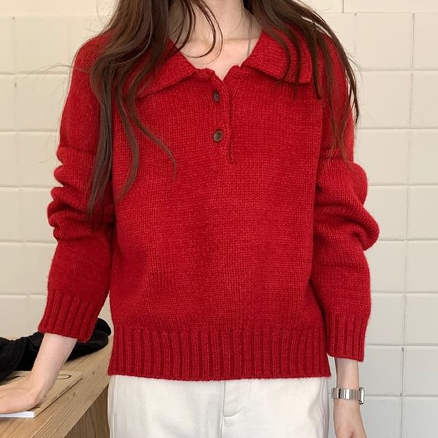 Happo-Plain Knit Polo Sweater