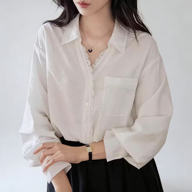 Happo-Puff-Sleeve Lace Trim Plain Shirt