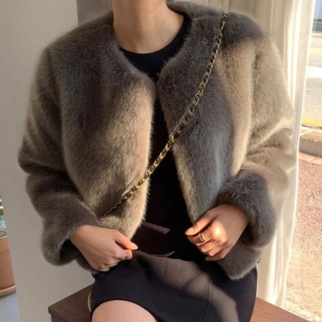 Happo-Round Neck Plain Fluffy Jacket
