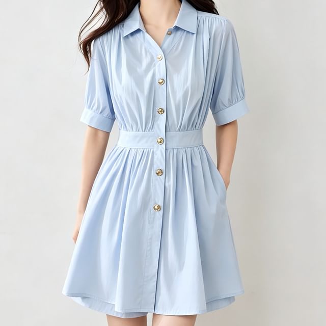 Happo-Set Short-Sleeve Collared V-Neck Plain Ruched Button Up Shirt Mid Rise Wide Leg Shorts