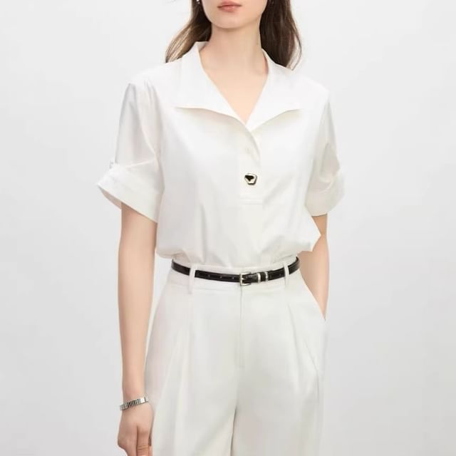 Happo-Short-Sleeve Button-Up Plain Shirt