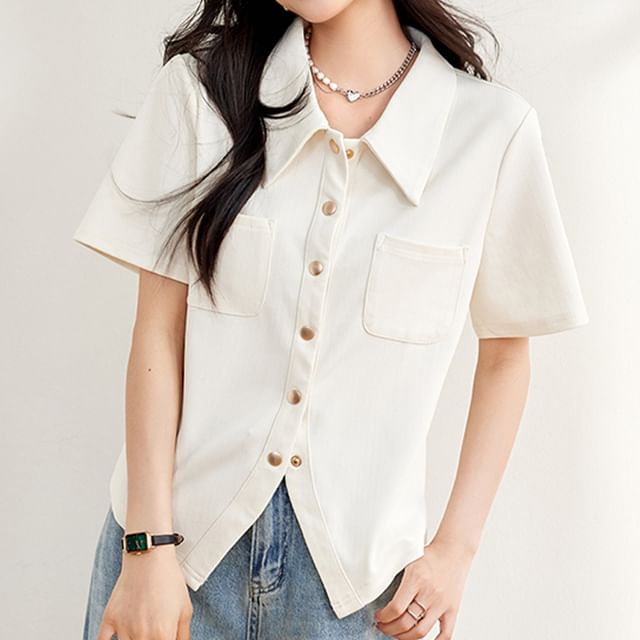 Happo-Short-Sleeve Button-Up Pocketed Plain Shirt