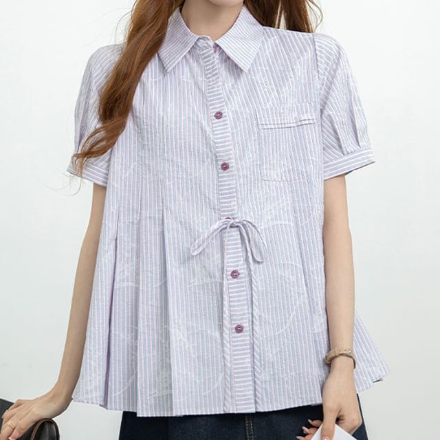 Happo-Short-Sleeve Collared Striped Pleated Button Up Shirt