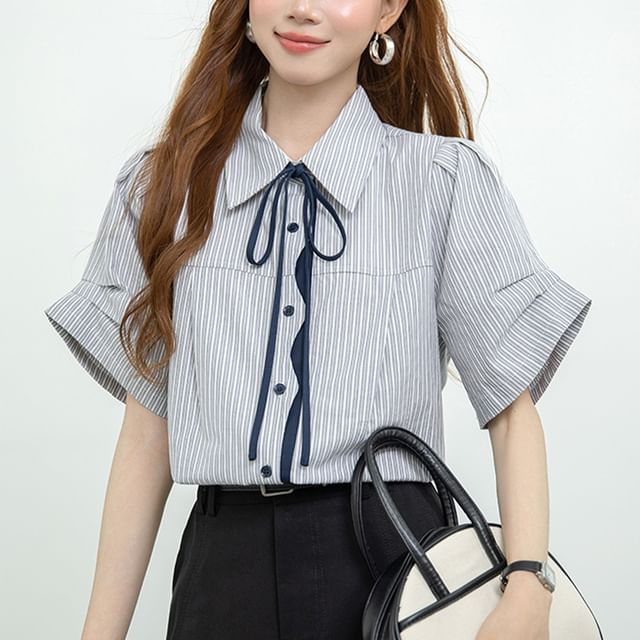 Happo-Short-Sleeve Collared Tie Neck Striped Button Up Shirt
