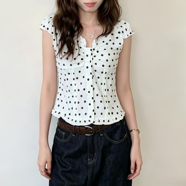Happo-Short-Sleeve Off Shoulder Dotted Ruched Blouse