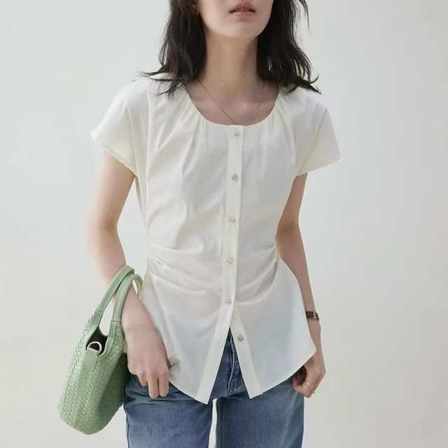 Happo-Short-Sleeve Slim Fit Button-Up Plain Top