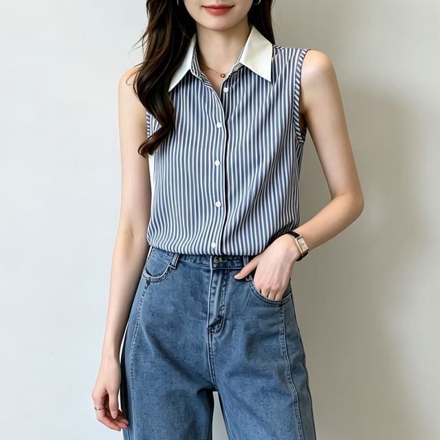 Happo-Sleeveless Collared Striped Button Up Shirt