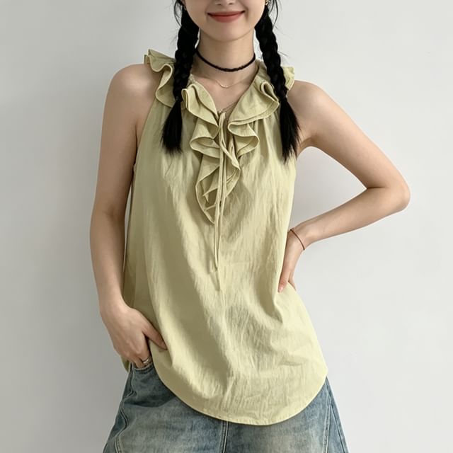 Happo-Sleeveless V-Neck Ruffle Plain Top