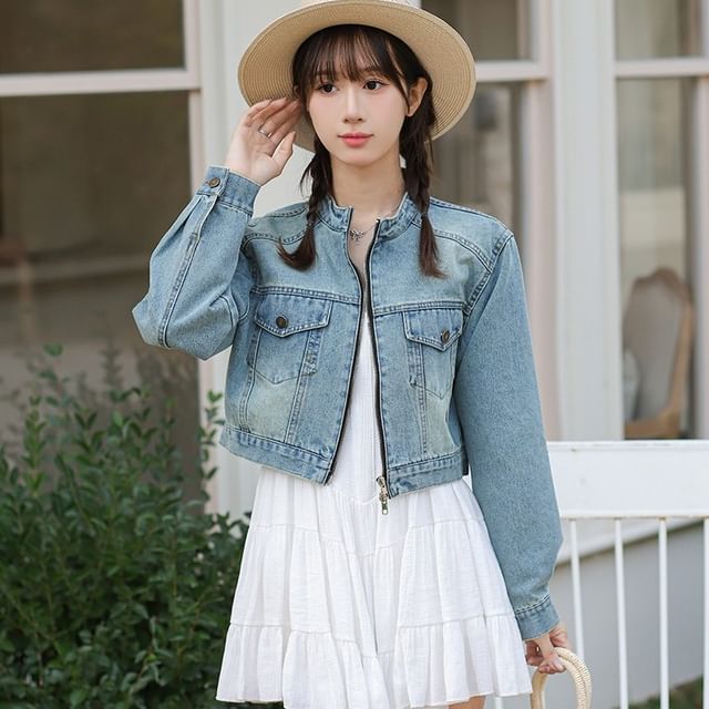 Happo-Stand Collar Denim Cropped Zip Jacket