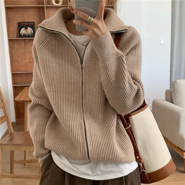 Happo-Stand Collar Zip-Up Plain Cardigan