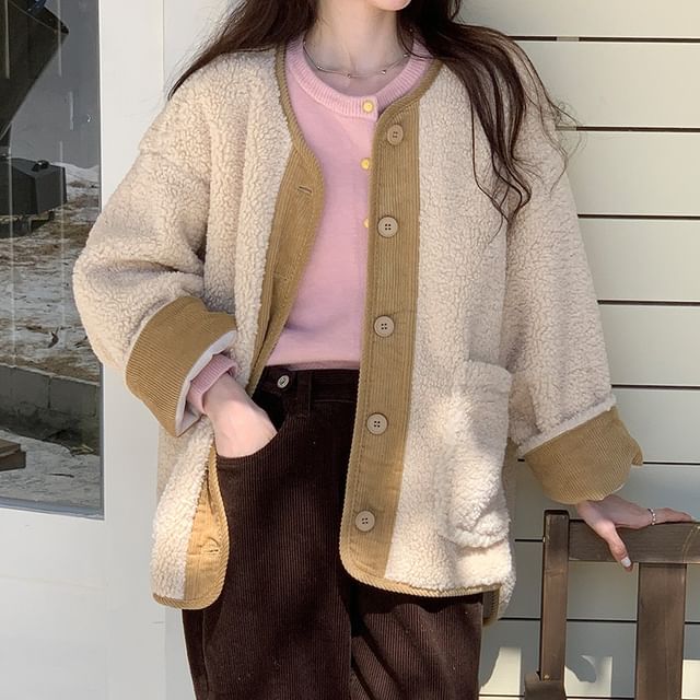 Happo-Two Tone Fleece Button-Up Jacket