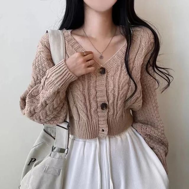 Happo-V-Neck Button-Up Plain Cable Knit Crop Cardigan