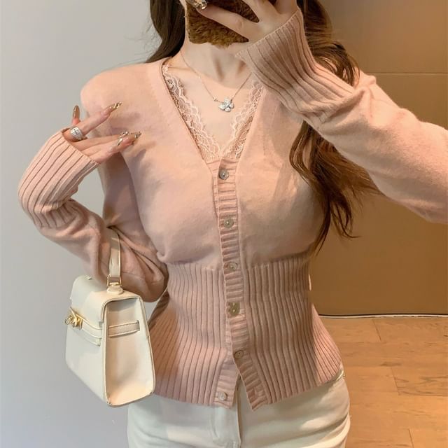 Happo-V-Neck Lace Trim Button-Up Cardigan