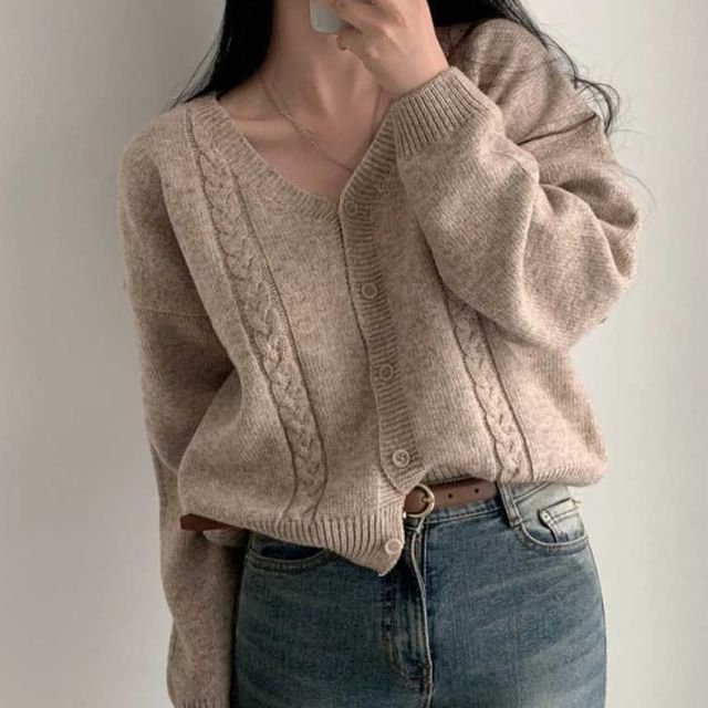 Happo-V-Neck Plain Cable Knit Button Up Cardigan